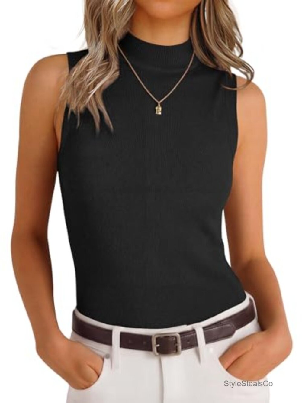 Wool Blend Mock Neck Sweater Tank Sleeveless Business Casual Top
